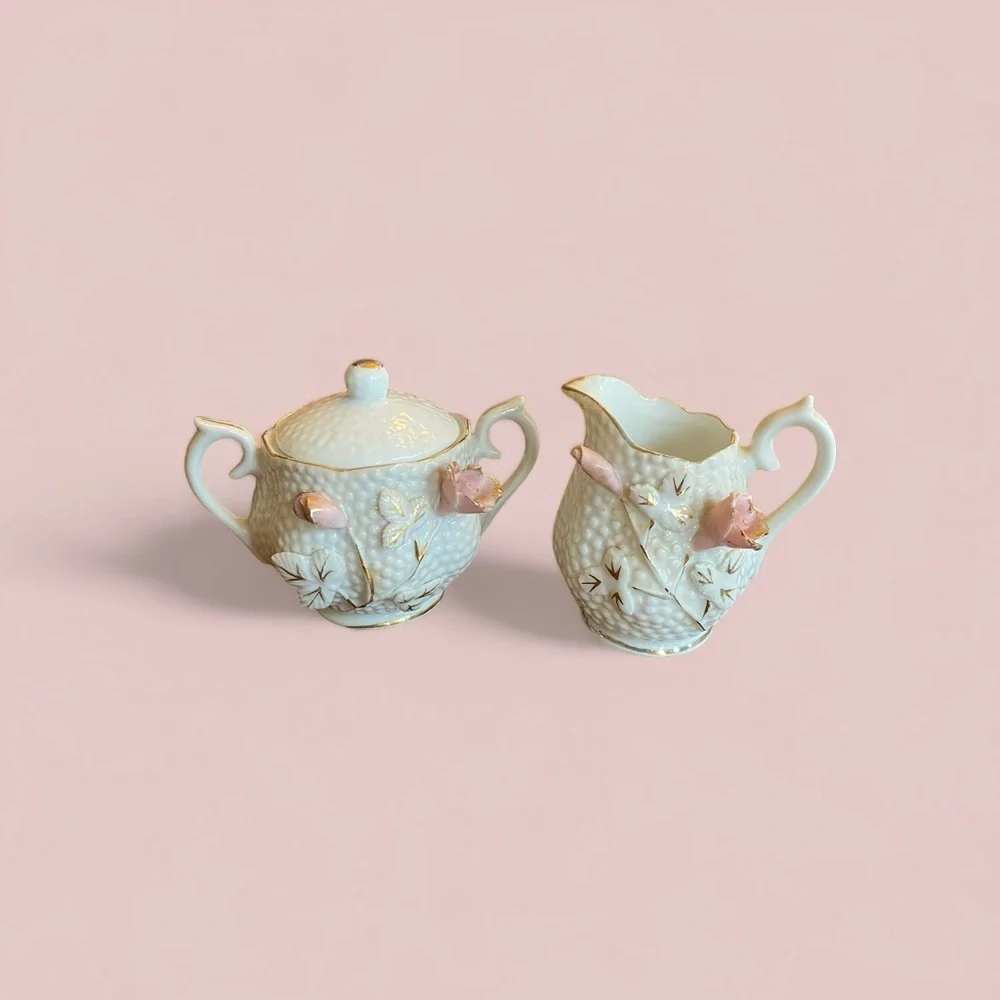 Vintage Japanese Porcelain Demi Creamer Sugar Set Hobnail 3D Pink Rose